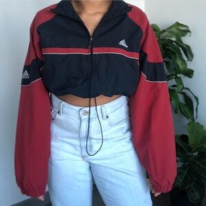 Vintage Reworked Adidas Women's Cropped Windbreaker Jacket Black and Red